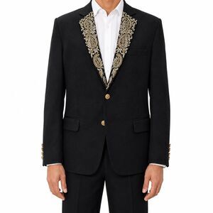 Mens 42R Black Wool Blazer Hand Embroidered Gold Paisley Tuxedo Suit Jacket